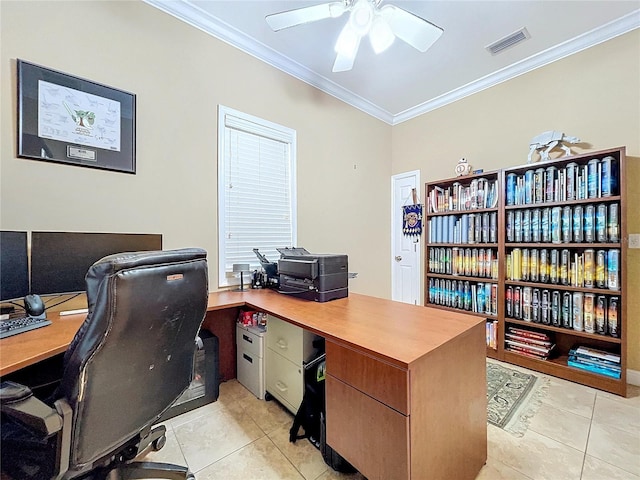 office space featuring ceiling fan, light tile patterned floors, and crown molding