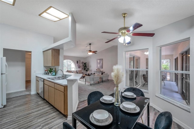 kitchen featuring kitchen peninsula, dishwasher, vaulted ceiling, white refrigerator, and sink