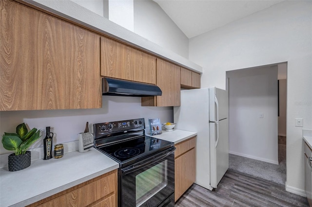 kitchen with dark wood-type flooring, black electric range oven, and white fridge