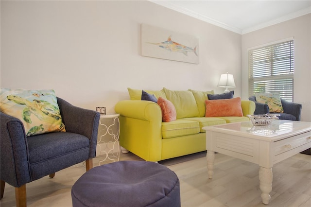 living room with light wood-type flooring and crown molding