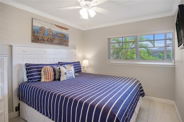 tiled bedroom featuring ceiling fan and crown molding