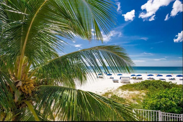 property view of water featuring a beach view