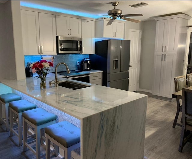 kitchen featuring white cabinetry, stainless steel appliances, light stone countertops, kitchen peninsula, and light wood-type flooring