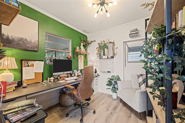 office space featuring an inviting chandelier, crown molding, and light hardwood / wood-style flooring