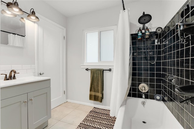 bathroom featuring tile patterned flooring, shower / bath combination with curtain, and vanity