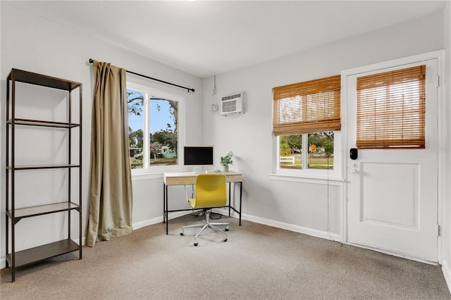 carpeted office featuring a healthy amount of sunlight and a wall mounted air conditioner