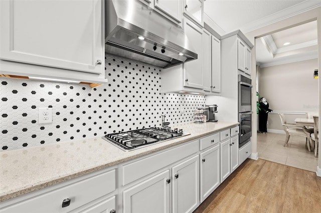 kitchen featuring crown molding, tasteful backsplash, a raised ceiling, appliances with stainless steel finishes, and under cabinet range hood