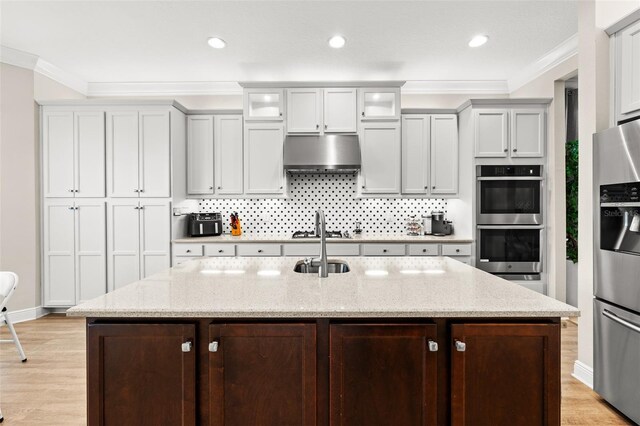 kitchen featuring ornamental molding, tasteful backsplash, appliances with stainless steel finishes, and under cabinet range hood