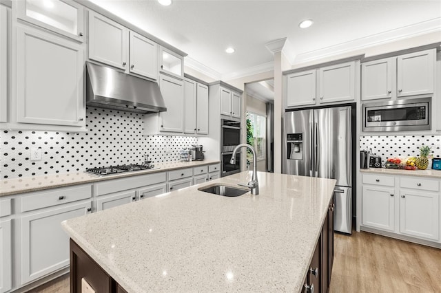 kitchen featuring ornamental molding, stainless steel appliances, light wood-type flooring, under cabinet range hood, and a sink