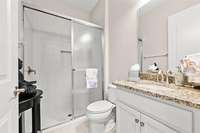 full bath featuring a stall shower, vanity, and toilet