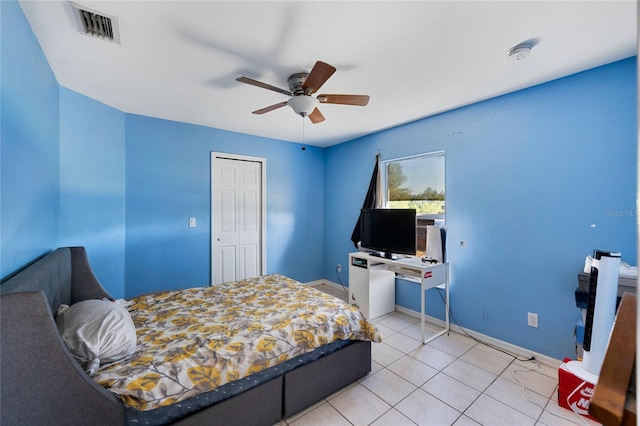 915 Poinsettia Ave, Lehigh Acres, FL 33972 - bedroom with visible vents, baseboards, ceiling fan, and light tile patterned floors