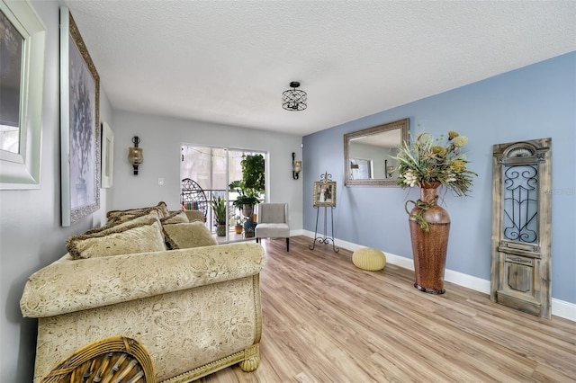 living room with a textured ceiling and light hardwood / wood-style flooring