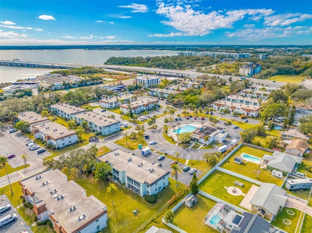 bird's eye view with a water view