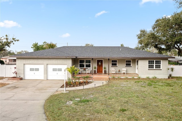 ranch-style home with a garage, covered porch, and a front lawn