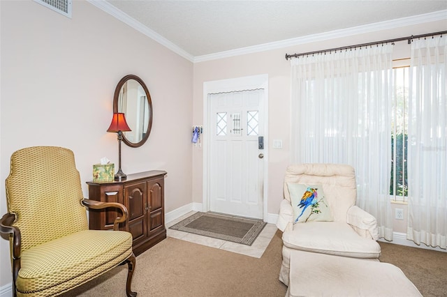 sitting room featuring light carpet and crown molding