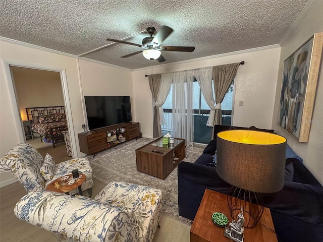 living room with a textured ceiling, ceiling fan, and ornamental molding