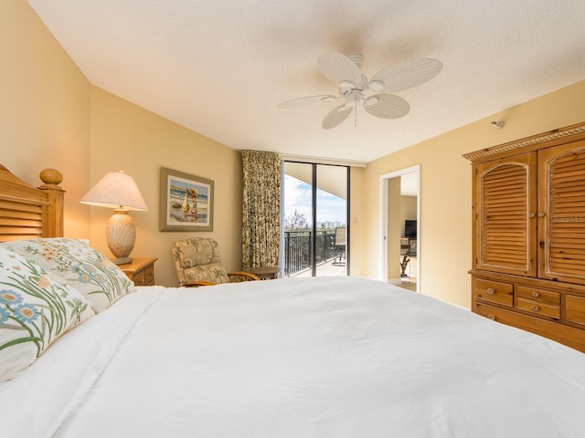 bedroom featuring ceiling fan, a textured ceiling, and access to outside