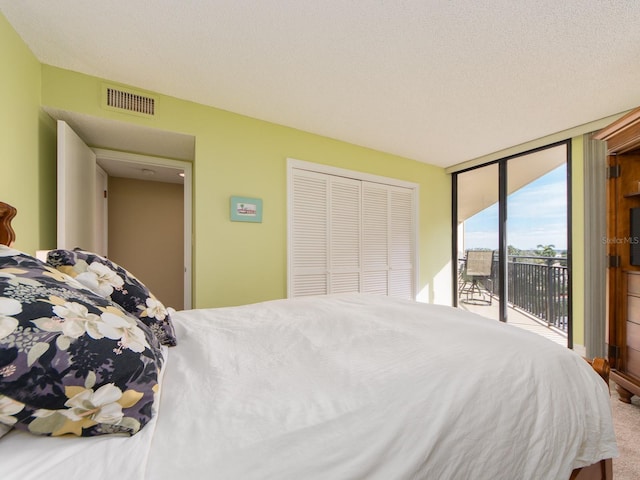 bedroom with carpet, a textured ceiling, a closet, and access to outside