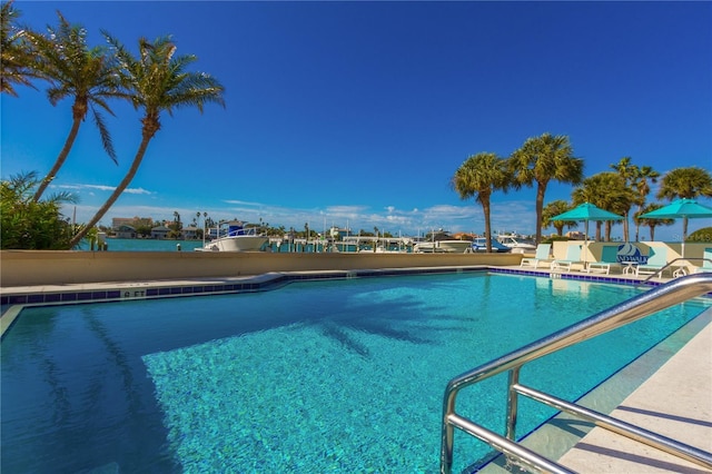 view of pool with a water view