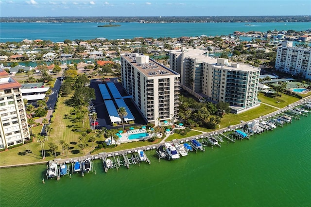 aerial view featuring a water view