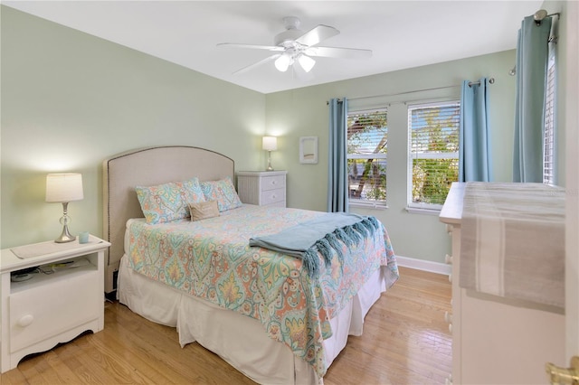 bedroom with ceiling fan and light wood-type flooring