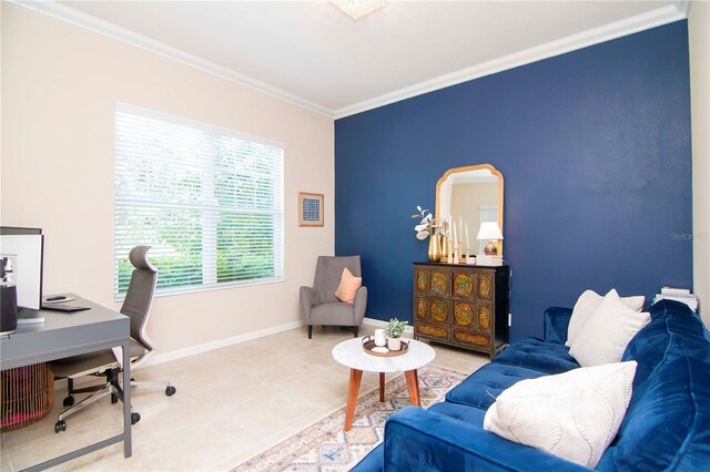 home office with baseboards, ornamental molding, and tile patterned flooring