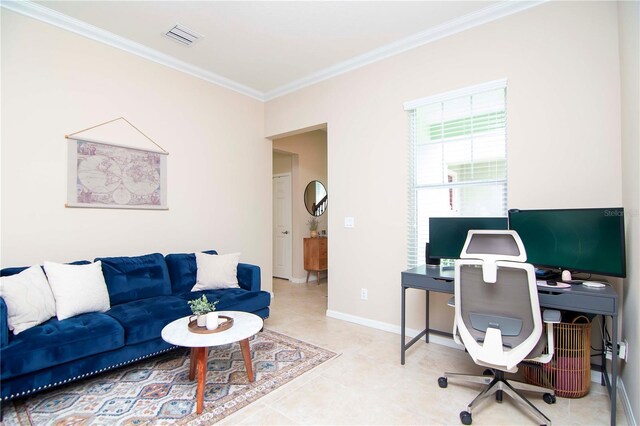 office area with ornamental molding, tile patterned floors, visible vents, and baseboards