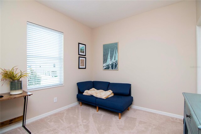 sitting room with light colored carpet and baseboards