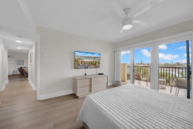 bedroom with light wood-style floors, access to outside, baseboards, and a ceiling fan