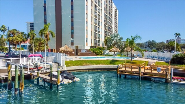 view of pool with a water view and a dock