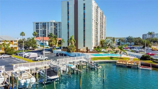 view of building exterior with a water view