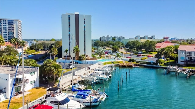 view of swimming pool with a boat dock and a water view