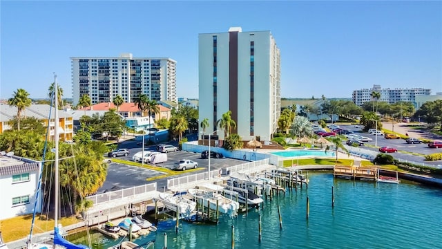 exterior space with a water view