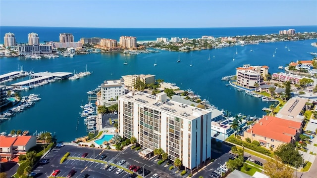 birds eye view of property featuring a water view