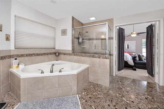 bathroom with independent shower and bath and ceiling fan