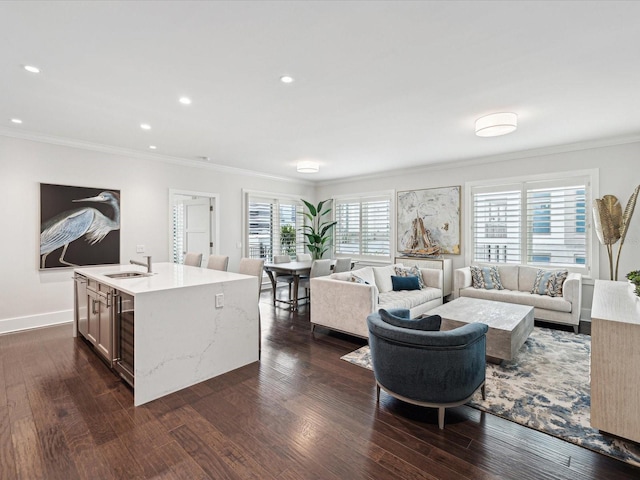 living room with ornamental molding, plenty of natural light, and sink