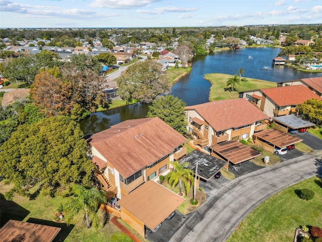 bird's eye view with a water view