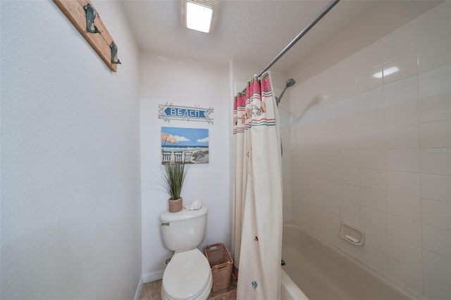 bathroom featuring toilet and shower / bathtub combination with curtain