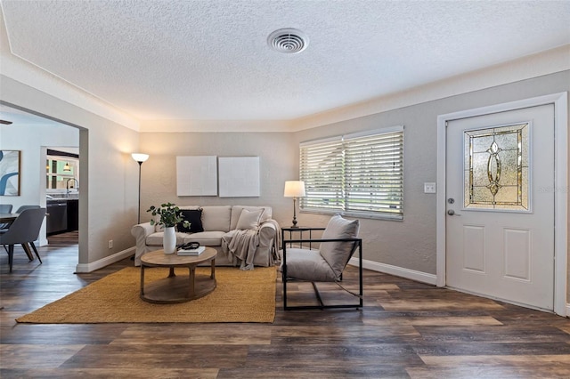 living room featuring sink, a textured ceiling, and dark hardwood / wood-style flooring