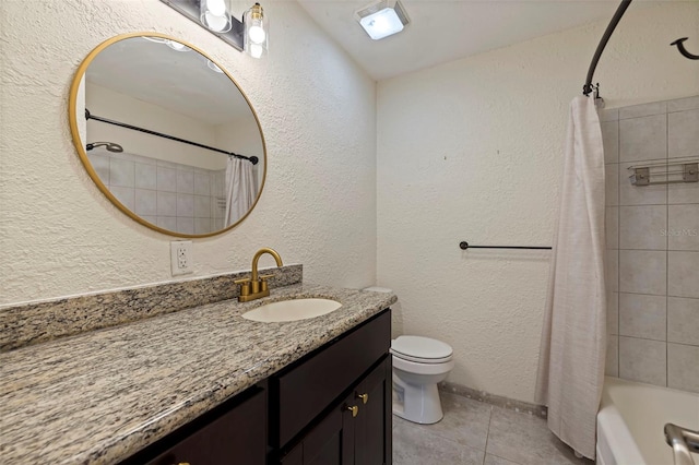 full bathroom with tile patterned floors, vanity, toilet, and shower / tub combo with curtain