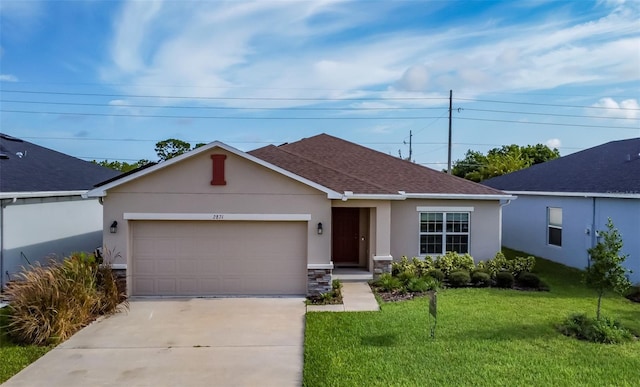 ranch-style house with a garage and a front yard