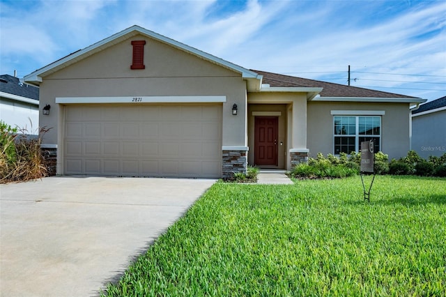 ranch-style house with a garage and a front lawn