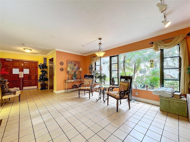 dining room featuring a healthy amount of sunlight, light tile patterned floors, and crown molding