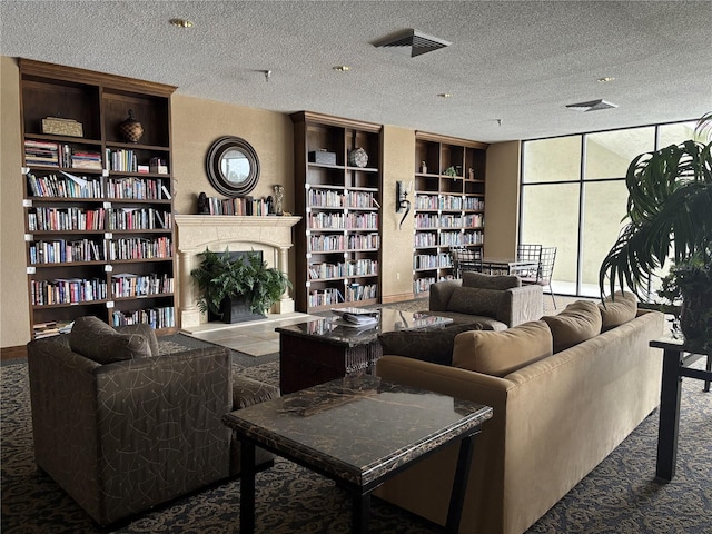 living room with a textured ceiling