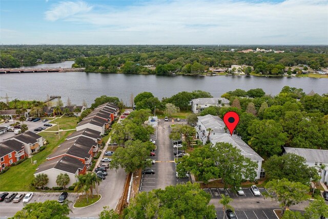 bird's eye view with a water view