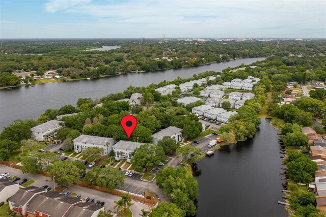 drone / aerial view with a water view