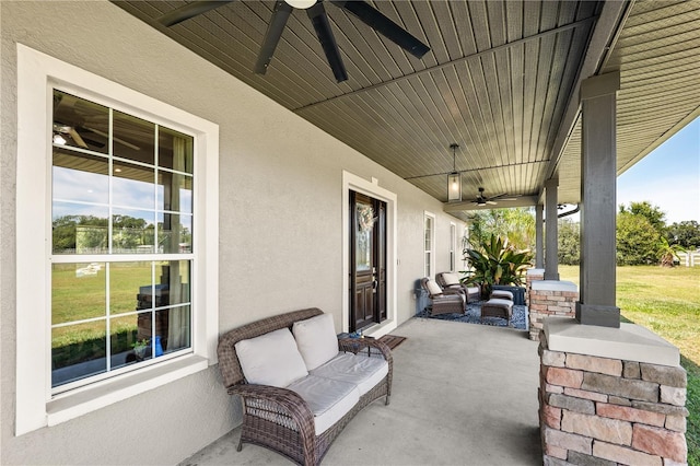 view of patio / terrace featuring ceiling fan and an outdoor hangout area