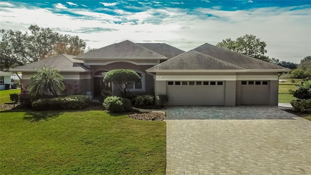 view of front of house with a garage and a front lawn