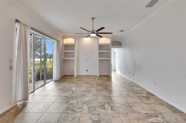 unfurnished living room with built in features, a textured ceiling, ceiling fan, and ornamental molding