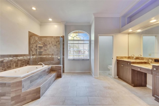 full bathroom featuring tile patterned flooring, toilet, vanity, ornamental molding, and plus walk in shower